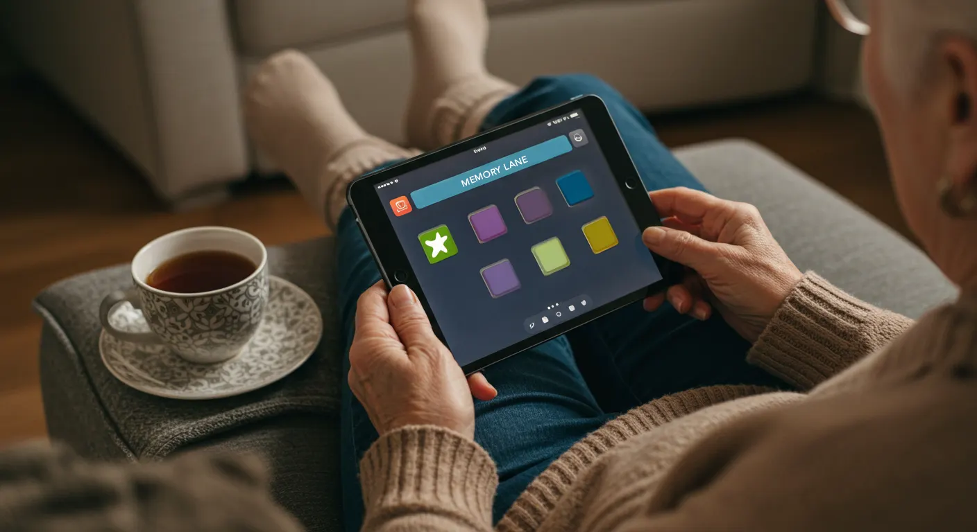 A person playing a mobile memory game on a tablet in a cozy, well-lit environment, with a colorful brain-training puzzle displayed on the screen. A warm cup of tea sits nearby, creating a relaxed and engaging atmosphere.