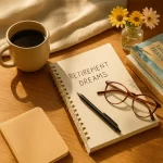 A cozy flat-lay featuring a journal titled "Retirement Dreams," coffee, reading glasses, and travel books, evoking thoughtful retirement planning.