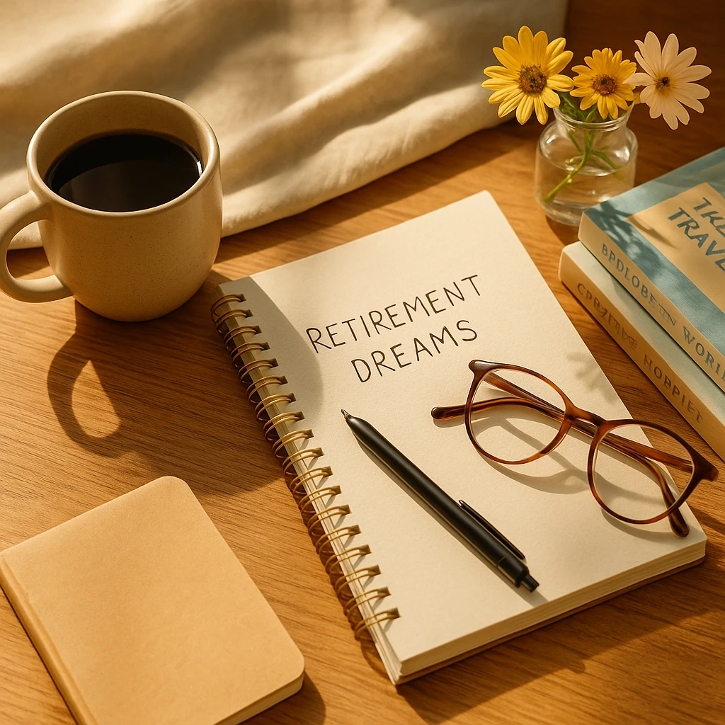 A cozy flat-lay featuring a journal titled "Retirement Dreams," coffee, reading glasses, and travel books, evoking thoughtful retirement planning.